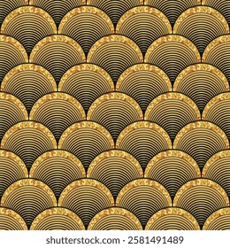 Vector seamless geometric pattern with golden gradient balls on a black background, For textiles, wallpaper and packaging