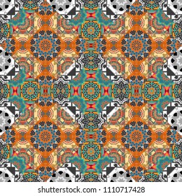 Vector seamless geometric pattern of gray, orange and blue tiles.