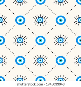 Vector seamless geometric pattern with greek evil eyes icons, protection and good luck symbol. Modern ethnic background for textile, wrapping paper, prints. Boho fashion backdrop.