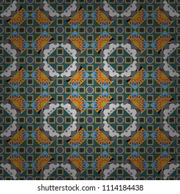 Vector seamless geometric pattern of green, gray and beige tiles.