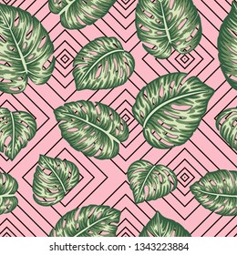 Vector seamless geometric pattern with green monstera leaves on pink background. Repeat tropical backdrop. Trendy exotic jungle wallpaper