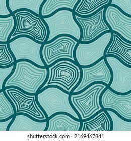 Vector seamless geometric pattern in green and turquoise. Waves, lines and shapes hand-drawn.