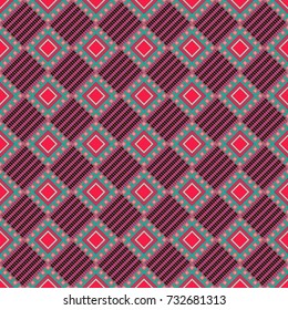 Vector seamless geometric pattern of green, red and magenta tiles.