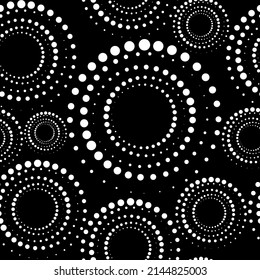 Vector. Seamless geometric pattern. Halftone monochrome dots in circle shape. Round perforated dynamic background. Stencil, dotted frame, web banner, cover, social media splash screen, wallpaper.