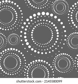 Vector. Seamless geometric pattern. Halftone monochrome dots in circle shape. Round perforated dynamic background. Stencil, dotted frame, web banner, cover, social media splash screen, wallpaper.
