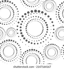 Vector. Seamless geometric pattern. Halftone monochrome dots in circle shape. Round perforated dynamic background. Stencil, dotted frame, web banner, cover, social media splash screen, wallpaper.