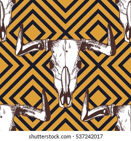 Vector seamless geometric pattern with hand drawn buffalo skulls. Tribal ornament with bull white scull on black and yellow background. Design for fashion boho textile print, wrapping