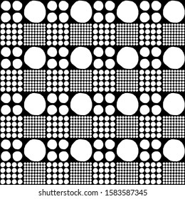 Vector seamless geometric pattern of hand-drawn white circles of different sizes on a black background. For decor, textile, fabric, carpet, wallpaper, ceramic tiles, wrapping.