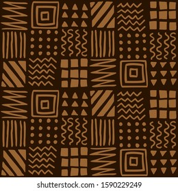 Vector seamless geometric pattern of hand-drawn squares, stripes, lines, dots, zigzags. Ethnic color pattern on a dark background. For decor, textile, fabric, carpet, wrapping, wallpaper, background.