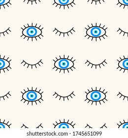 Vector seamless geometric pattern with hand-drawn open and winking eyes. Modern ethnic background for textiles, wrapping paper, prints. Boho fashion background.