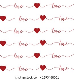 Vector seamless geometric pattern with heart and handwriting. Line love lettering. Valentine's day red background and wallpaper.