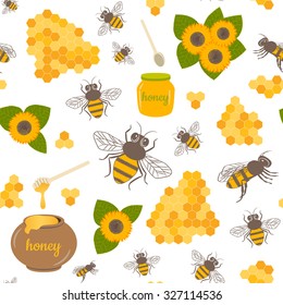 Vector seamless geometric pattern with honeycombs. Sweet honey background for beekeeping products.
