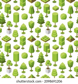 Vector seamless geometric pattern of isometric tree icons. Collection of natural botanical objects. 3d illustration of plants for the park, garden. Conceptual trendy ecological background