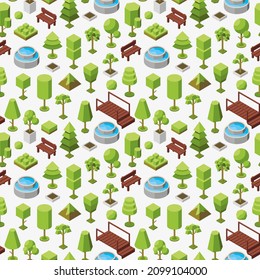 Vector seamless geometric pattern of isometric trees and outdoor furniture isometric icons. Conceptual ecological abstract background from natural botanical objects. 3d illustration of plants