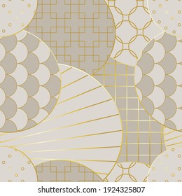 
Vector seamless geometric pattern in japanese style with gold lines. Kimono pattern.