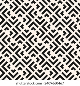 Vector seamless geometric pattern with lines, diagonal grid, arrows, squares,  greek meander. Simple stylish ethnic ornament. Black and white geo background. Repeated design for decor, print, fabric