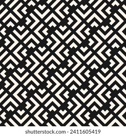 Vector seamless geometric pattern with lines, diagonal grid, squares and greek meander. Simple stylish ethnic ornament. Black and white geo background. Repeat design for decor, print, textile, fabric