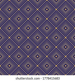 Vector seamless geometric pattern. Luxury tile with repeated gold line rhombus on blue background.