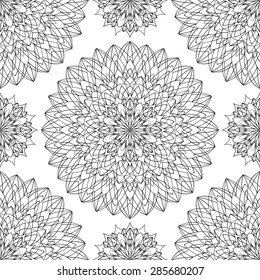 Vector, seamless, geometric pattern of mandalas. Round ornament of thin lines on a white background. Template for the textile.