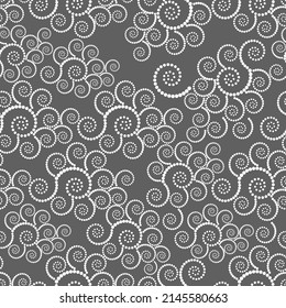 Vector. Seamless geometric pattern. Monochrome dots in the form of a spiral. Round perforated dynamic background. Stencil, dotted frame, web banner, cover, social media splash screen, wallpaper.