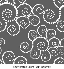 Vector. Seamless geometric pattern. Monochrome dots in the form of a spiral. Round perforated dynamic background. Stencil, dotted frame, web banner, cover, social media splash screen, wallpaper.