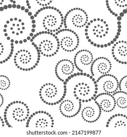 Vector. Seamless geometric pattern. Monochrome dots in the form of a spiral. Round perforated dynamic background. Stencil, dotted frame, web banner, cover, social media splash screen, wallpaper.