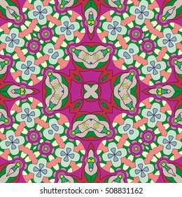 Vector seamless geometric pattern in mosaic style, kaleidoscope ornament. Colorful seamless background, endless graphic texture for textile or paper print. Tribal ethnic arabic, indian, turkish motif