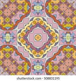Vector seamless geometric pattern in mosaic style, kaleidoscope ornament. Colorful seamless background, endless graphic texture for textile or paper print. Tribal ethnic arabic, indian, turkish motif
