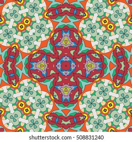 Vector seamless geometric pattern in mosaic style, kaleidoscope ornament. Colorful seamless background, endless graphic texture for textile or paper print. Tribal ethnic arabic, indian, turkish motif