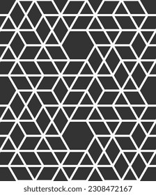 Vector seamless geometric pattern. Mosaics motif. Polygonal trellis on the base of triangular grid. Hexagons, triangles, rhombuses pattern. Abstract seamless black and white vector background.