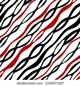 Vector seamless geometric pattern on white background black-red wavy stripes for fabric design