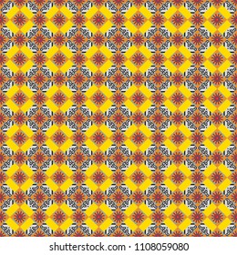 Vector seamless geometric pattern of orange, yellow and gray tiles.