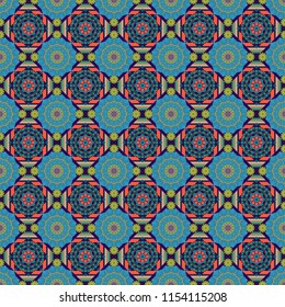 Vector seamless geometric pattern of orange, gray and blue tiles.