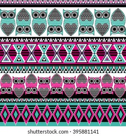 Vector seamless geometric pattern with owls.