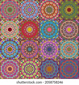 Vector seamless geometric pattern, patchwork, mandala. Vintage decorative collage. Indian, Arabic, Turkish motifs for printing on fabric or paper. Abstract colorful mosaic-style drawing.