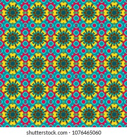 Vector seamless geometric pattern of pink, blue and yellow tiles.