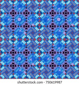 Vector seamless geometric pattern of purple, blue and violet tiles.