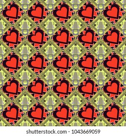 Vector seamless geometric pattern of red, green and black tiles.