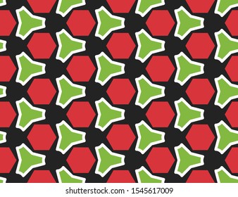 Vector seamless geometric pattern. In red, white and green colors on black background.
