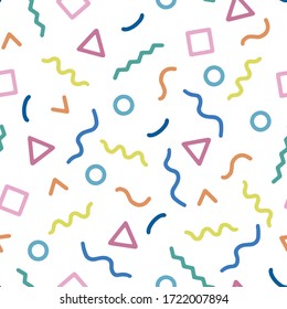 Vector seamless geometric pattern in retro 80s style. Memphis abstract colorful design on white background.
