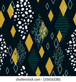 vector seamless geometric pattern of rhombuses of various textures; golden rhombuses on a dark green background; for printing on fabric, textile, wrapping paper, wallpaper, background, carpets.