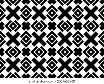 Vector seamless geometric pattern of rhombuses, cross and strokes. Black elements on a white background. Perfect vector illustration for web, card, textile, scrapbooking, paper, fabric. EPS 10.