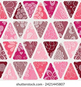 Vector seamless geometric pattern with rose triangles with vintage floral patten on white background