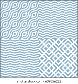 Vector seamless geometric pattern set. Vintage repeating texture pack. 4 abstract backgrounds. Wavy horizontal line fond. Squares backdrop. Chevrons. Scratch. Worn surface. Sky blue and white colors. 