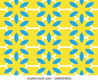 Vector seamless geometric pattern. Shaped white hexagons and blue flowers on yellow background.