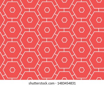 Vector seamless geometric pattern. Shaped white hexagons and lines on red background.