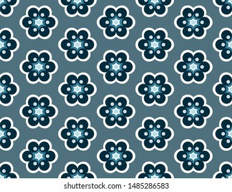Vector seamless geometric pattern. Shaped flowers, stars in white, matt and dark blue colors.