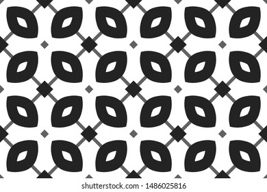 Vector seamless geometric pattern. Shaped black and grey squares and grey lines and black, white rounded diamonds on white background.