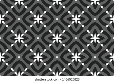 Vector seamless geometric pattern. Shaped rounded white, grey and black diamonds and stars and squares.
