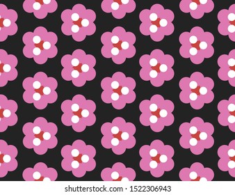 Vector seamless geometric pattern. Shaped red, white and pink circles, triangles, flowers on black background.